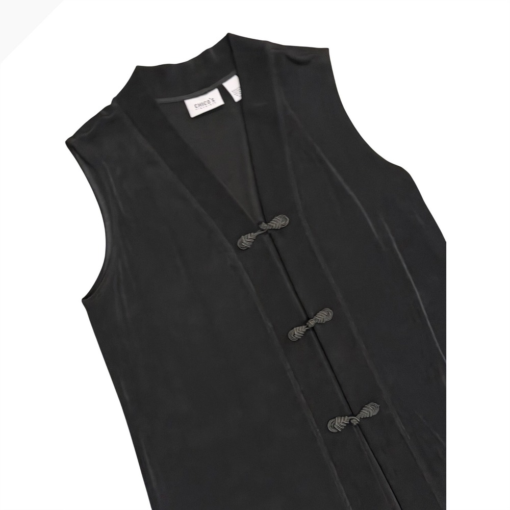 Chico's Travelers Black Longline Duster Vest Frog Closure Sleeveless Size 2 L - Picture 3 of 4